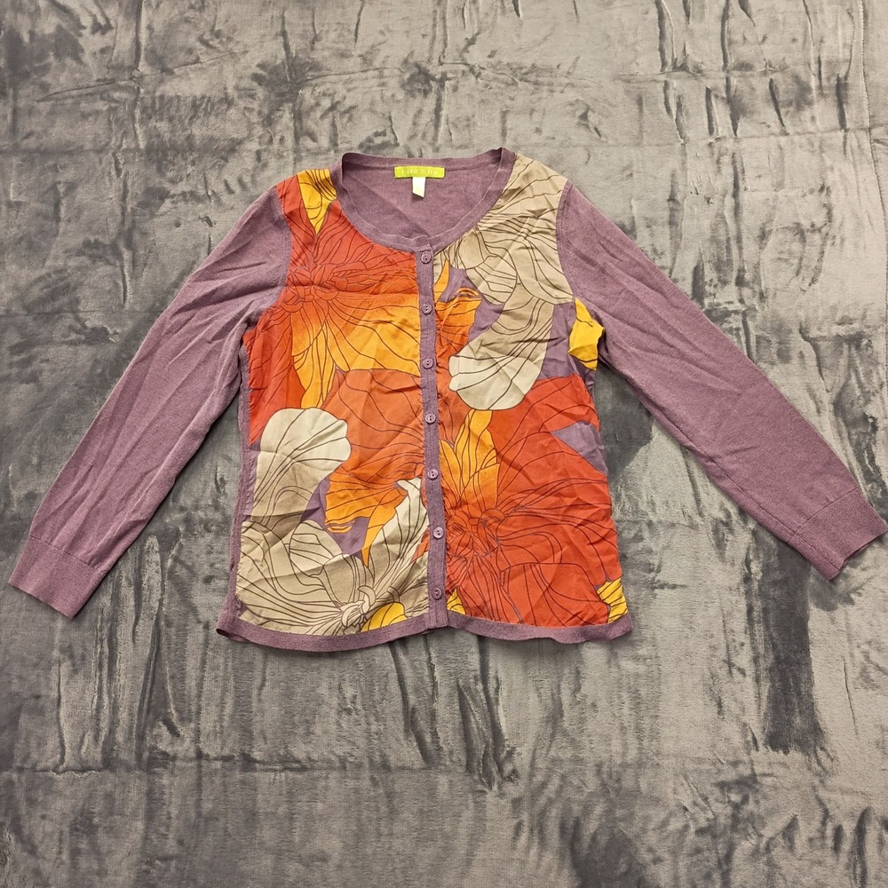 Sigrid Olsen Purple‎ Floral Print Cardigan Sweater Knit Button Front Size S